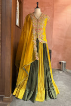 Multi Colored Chinon Shimmer Embroidered Lehenga Set