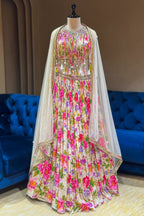 Ivory White Chinon Printed Jewel Neck Lehenga Set