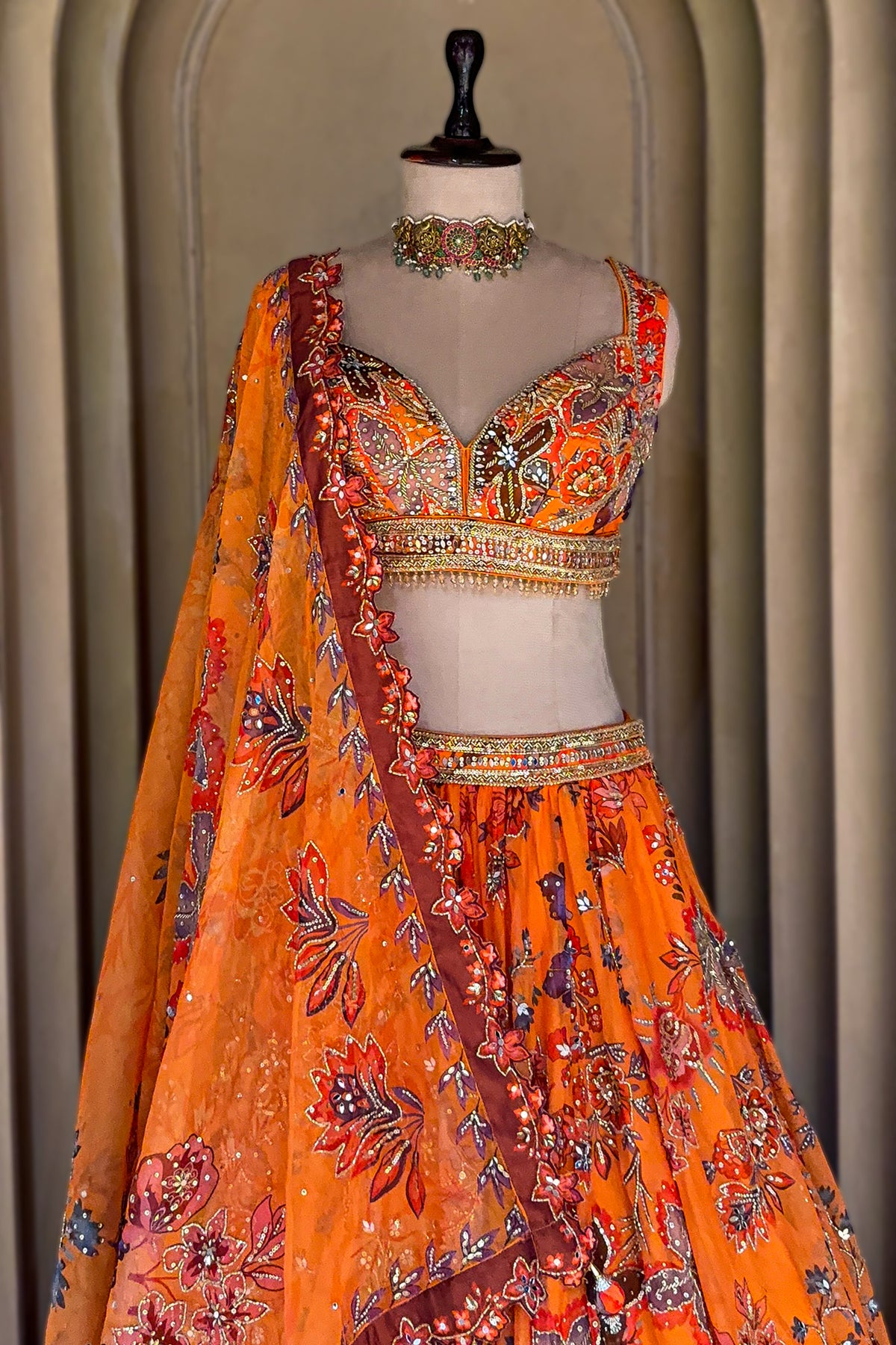 Orange Organza Floral Printed Lehenga Set with Sequin and Cutdana Work