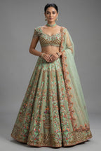 Green Organza Designer Handworked Lehenga