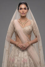 Off White Silk Flamingo Forest Embroidered Lehenga with Double Dupatta