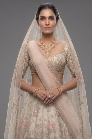 Off White Silk Flamingo Forest Embroidered Lehenga with Double Dupatta