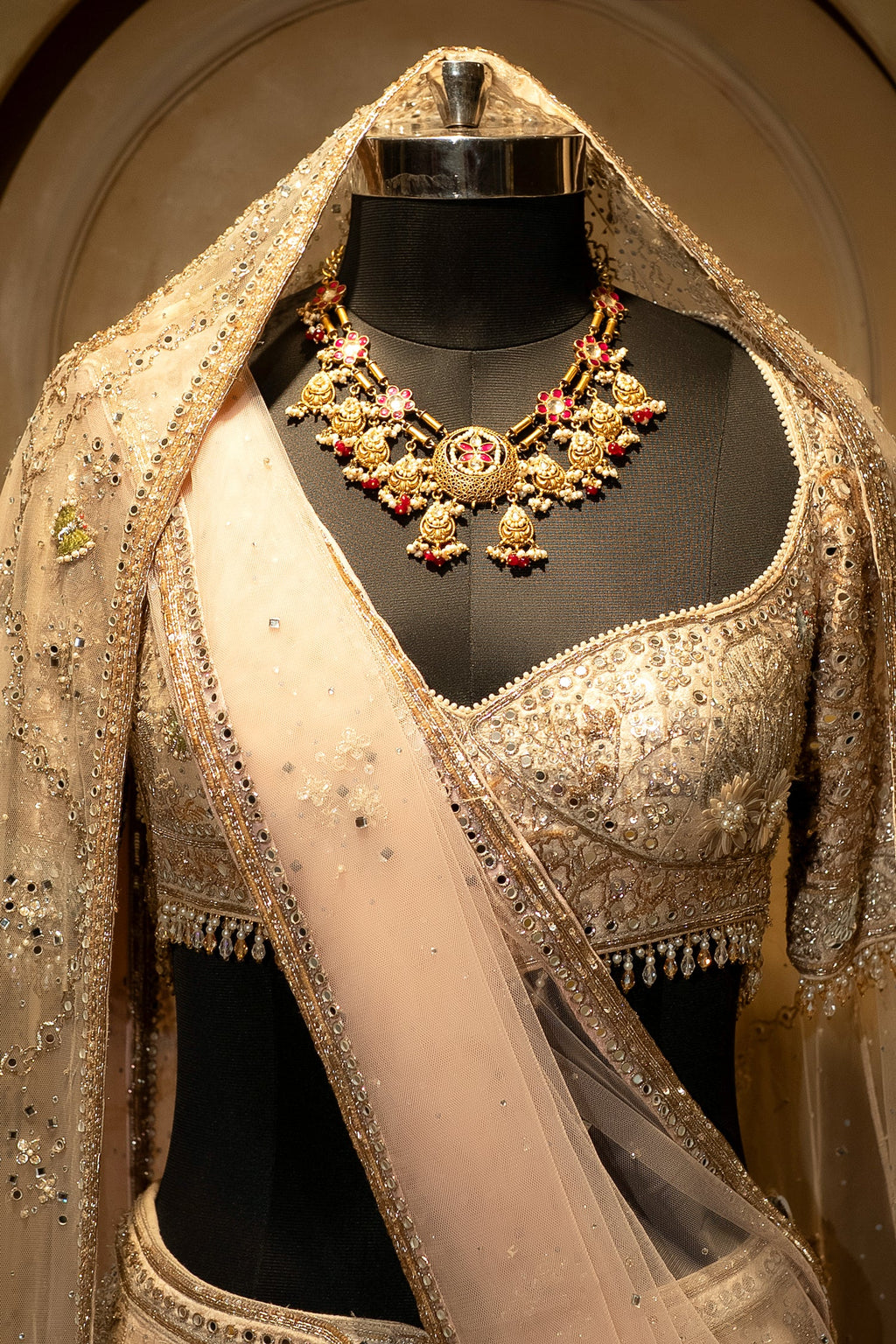 Off White Silk Flamingo Forest Embroidered Lehenga with Double Dupatta