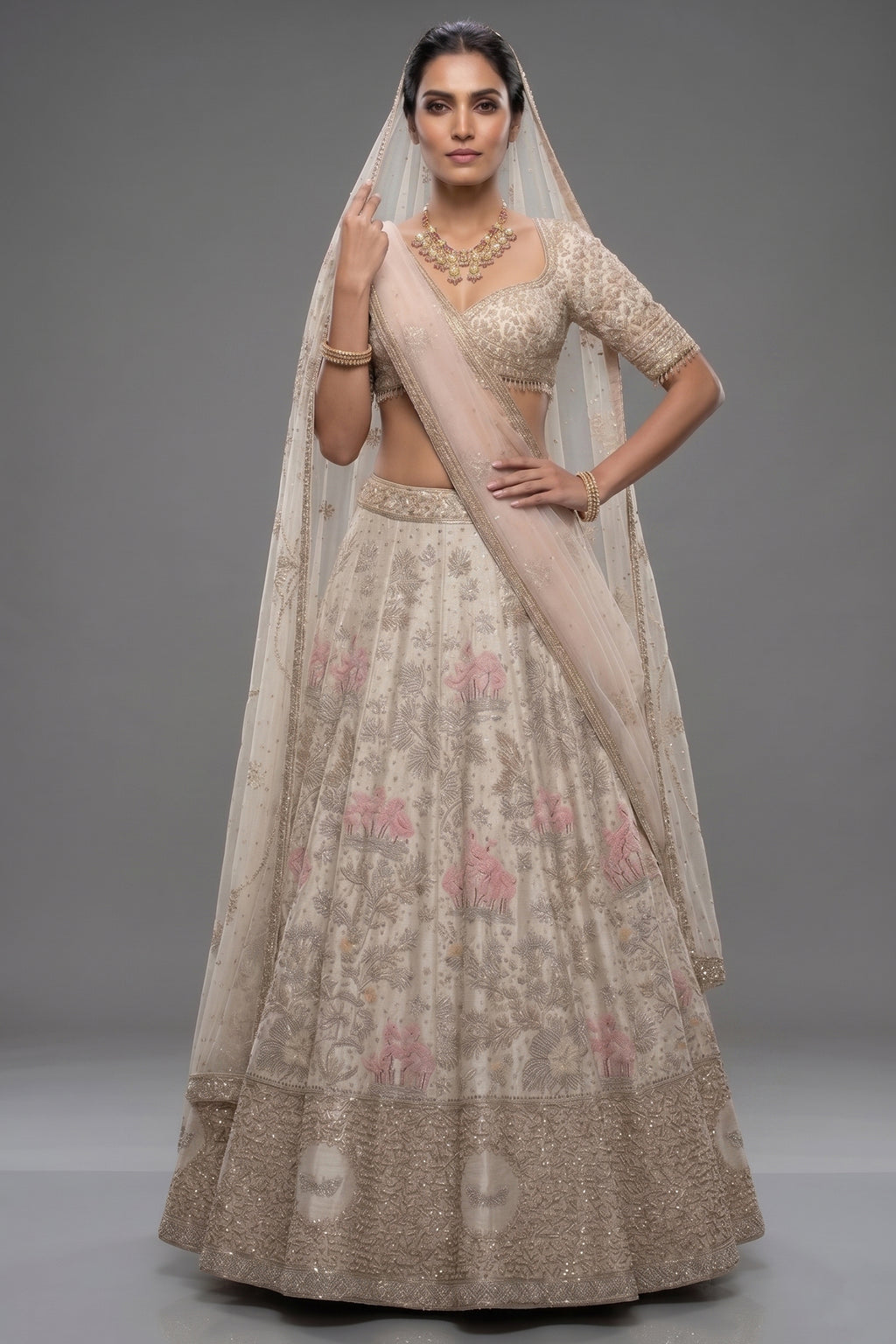 Off White Silk Flamingo Forest Embroidered Lehenga with Double Dupatta