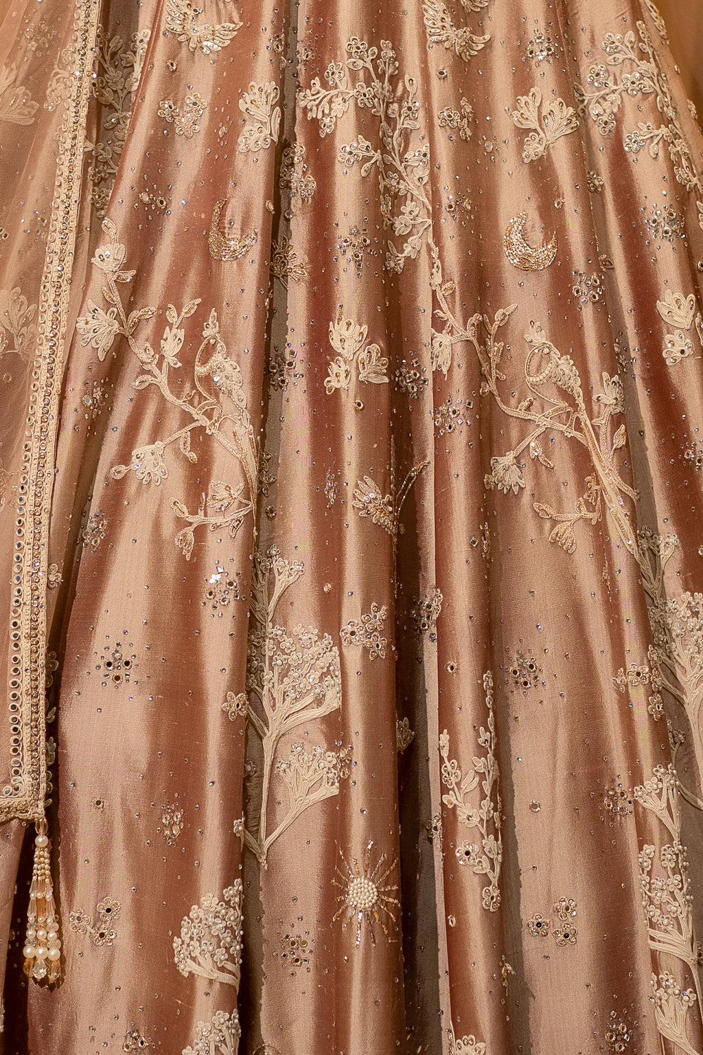Champagne Brown Silk Couture Lehenga with Architectural Border & Intricate Dori-Mirror Fusion