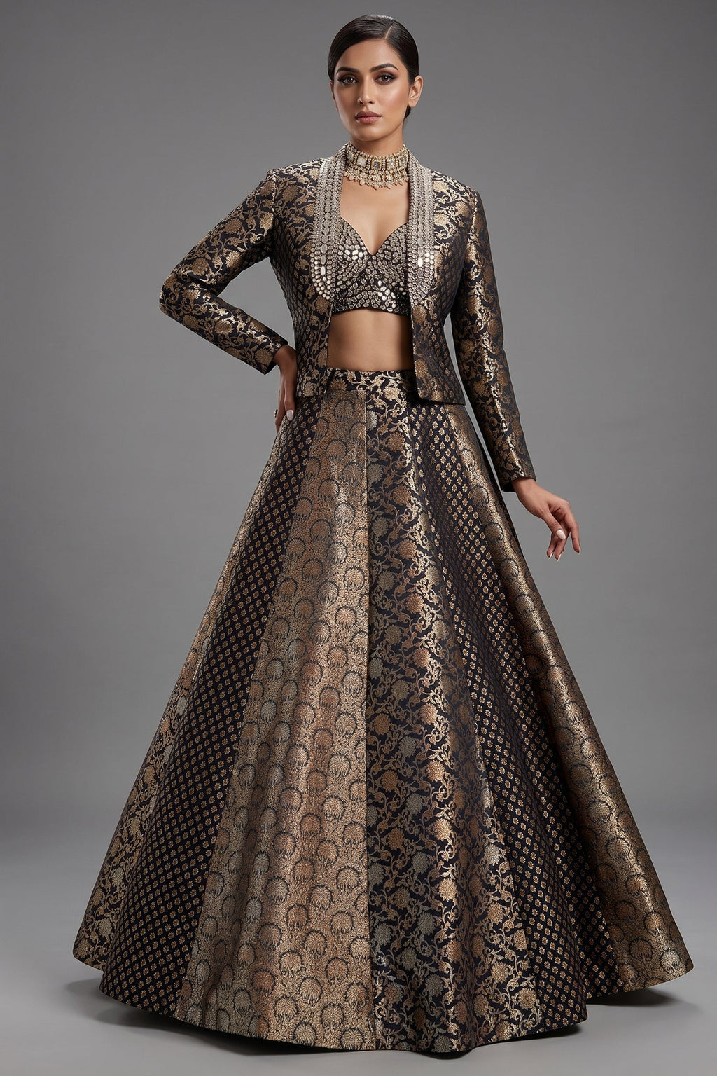 Black and Golden Banarasi Brocade Silk Crop Top Lehenga with Jacket