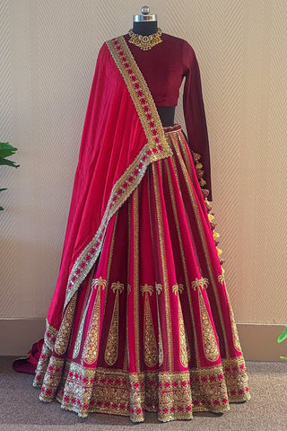 Maroon Matka Silk Designer Boat Neck Bridal Lehenga