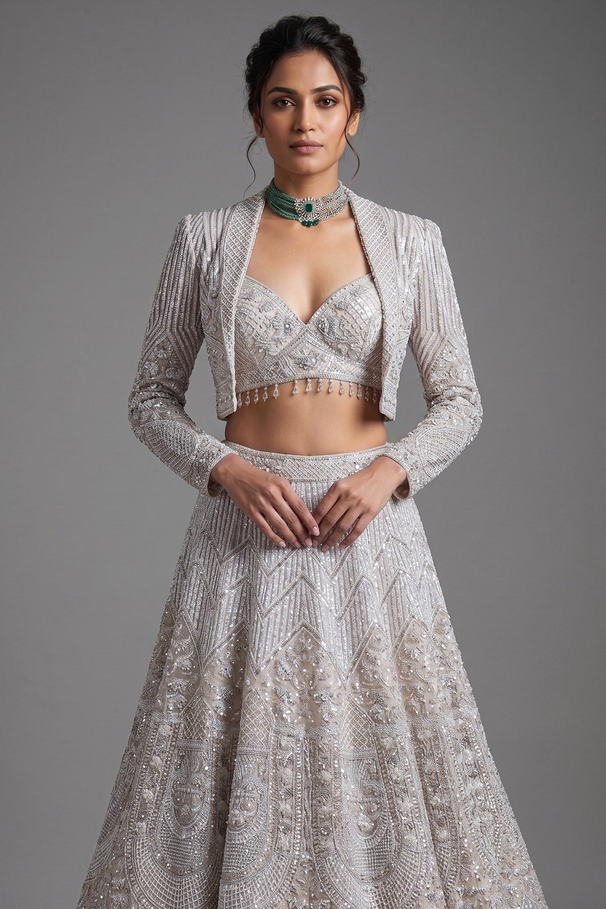 Metallic Icy Silver White Organza Lehenga Set with Sheer Net Cape Jacket