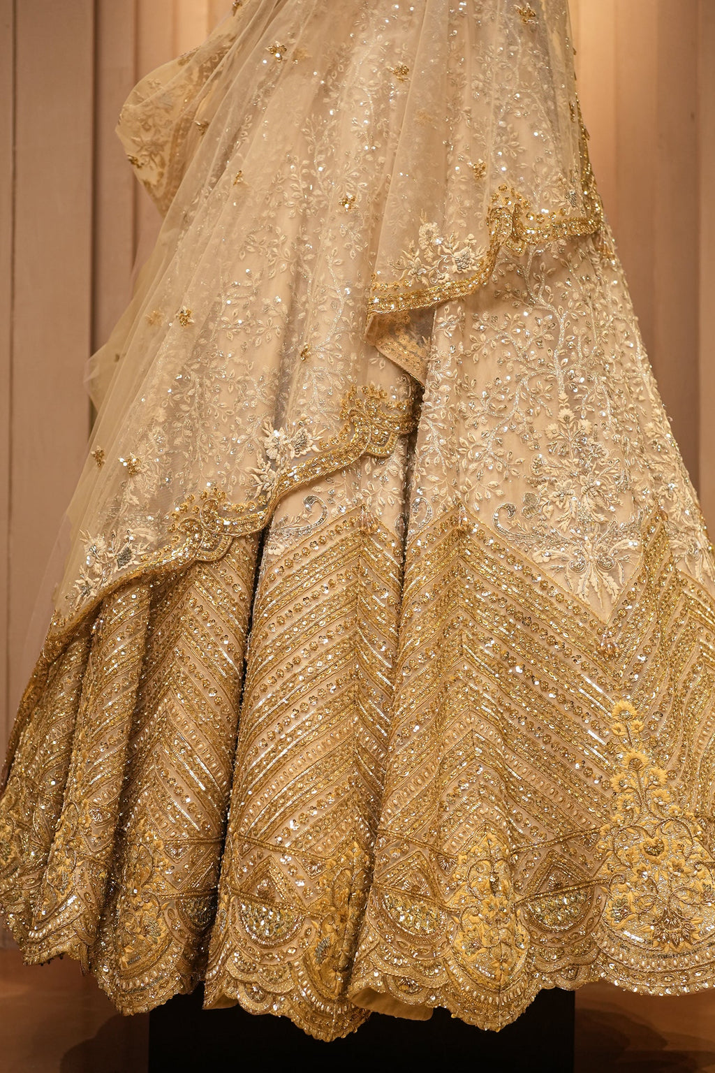 Ivory White and Antique Gold Organza Luxury Bridal Lehenga Choli