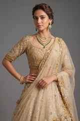 Ivory White and Antique Gold Organza Luxury Bridal Lehenga Choli