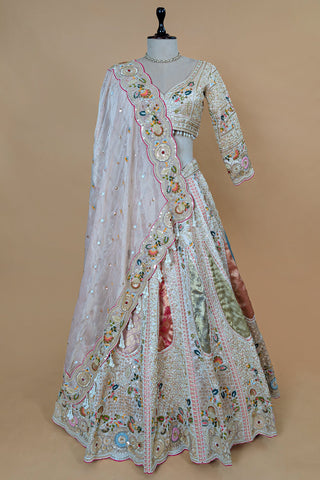 Light Baby Pink Tissue Silk Beaded and Embroidery Lehenga with Patch Work