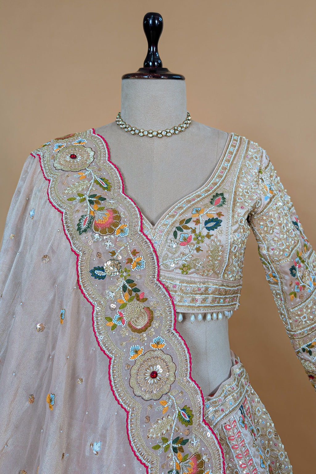 Light Baby Pink Tissue Silk Beaded and Embroidery Lehenga with Patch Work