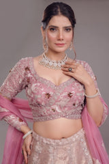 The Onion Pink Banarasi Brocade Silk Lehenga with Scalloped Crossover Choli and Handwork