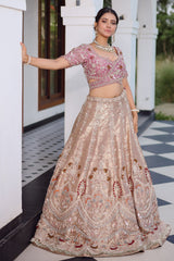 The Onion Pink Banarasi Brocade Silk Lehenga with Scalloped Crossover Choli and Handwork