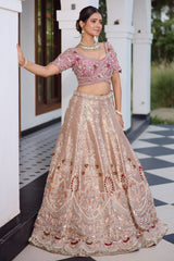 The Onion Pink Banarasi Brocade Silk Lehenga with Scalloped Crossover Choli and Handwork