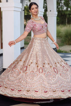 The Onion Pink Banarasi Brocade Silk Lehenga with Scalloped Crossover Choli and Handwork