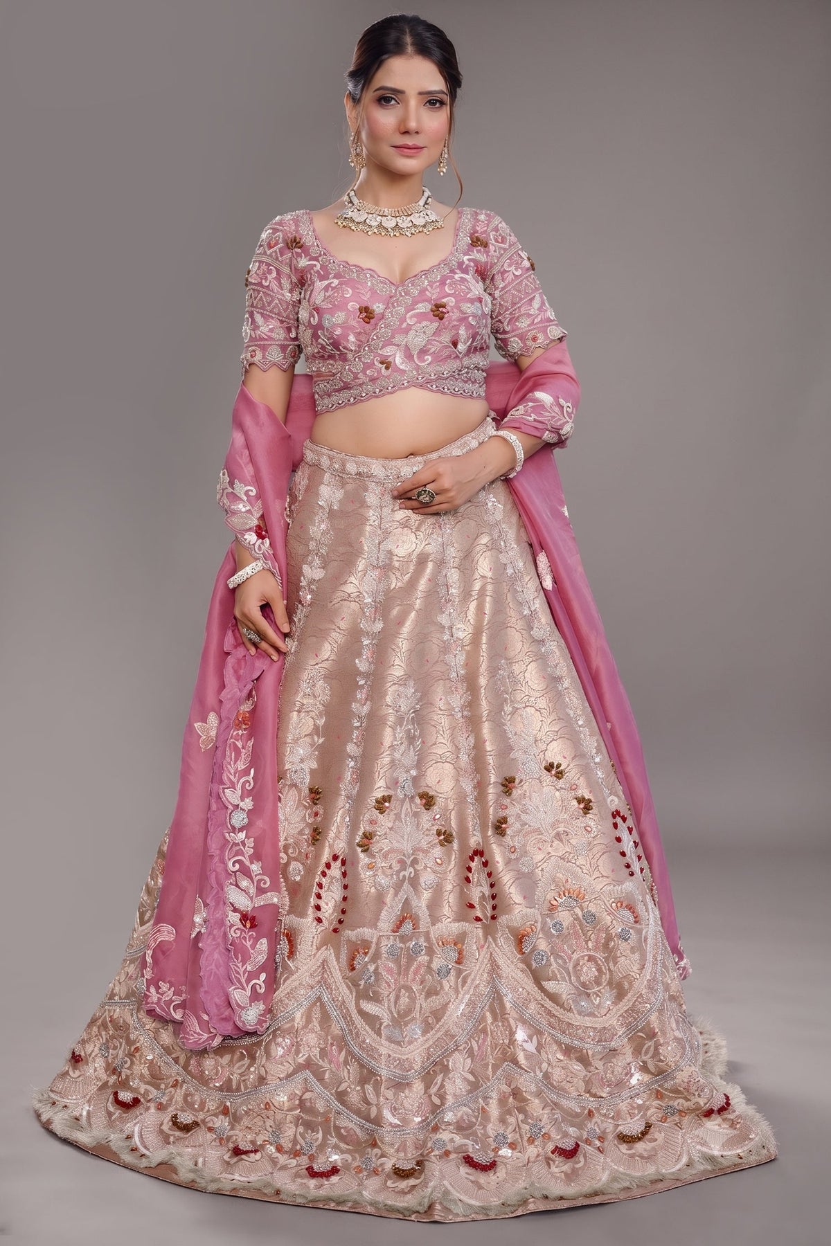 The Onion Pink Banarasi Brocade Silk Lehenga with Scalloped Crossover Choli and Handwork