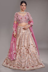 The Onion Pink Banarasi Brocade Silk Lehenga with Scalloped Crossover Choli and Handwork