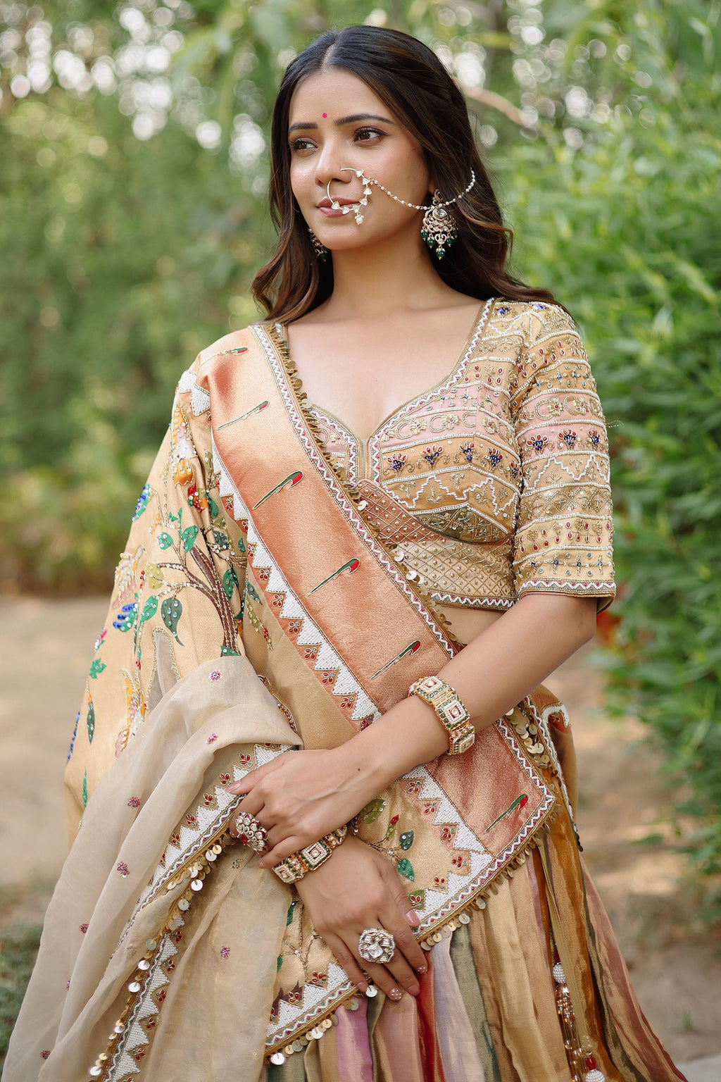 The Multi-Chromatic Tissue Silk Shikargah Lehenga with Chevron Hand-Embellished Choli