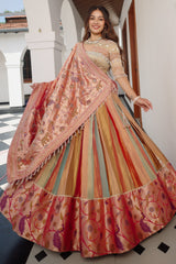 The Multi-Chromatic Panel Tissue Silk Lehenga with Embellished Embroidered Choli and Rose Paithani Border Dupatta