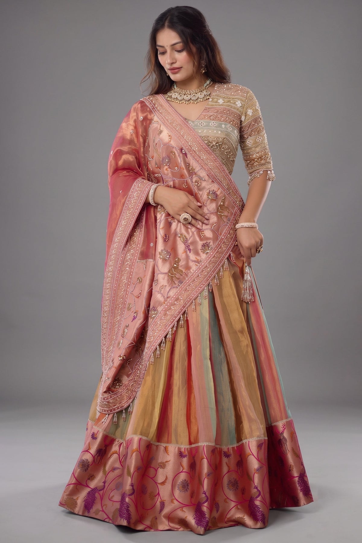 The Multi-Chromatic Panel Tissue Silk Lehenga with Embellished Embroidered Choli and Rose Paithani Border Dupatta
