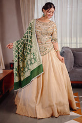 Golden Crush Tissue Lehenga with Heavily Embellished Jewel Stone Blouse with Bandhej Dupatta