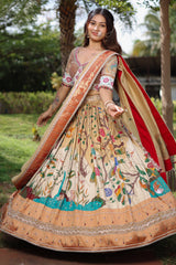 Golden Tissue Silk Traditional Shikargah Motifs Paithani Lehenga with Embellished Work
