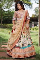Golden Tissue Silk Traditional Shikargah Motifs Paithani Lehenga with Embellished Work