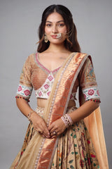 Golden Tissue Silk Traditional Shikargah Motifs Paithani Lehenga with Embellished Work
