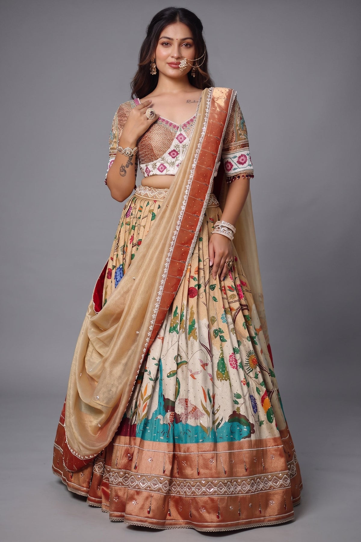 Golden Tissue Silk Traditional Shikargah Motifs Paithani Lehenga with Embellished Work