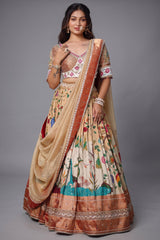 Golden Tissue Silk Traditional Shikargah Motifs Paithani Lehenga with Embellished Work