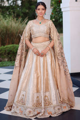 The Imperial Gold Jacquard Brocade Woven Silk Kalidar Lehenga Ensemble with Handcrafted Jewel Blouse and All-Over Cutwork Tissue Dupatta