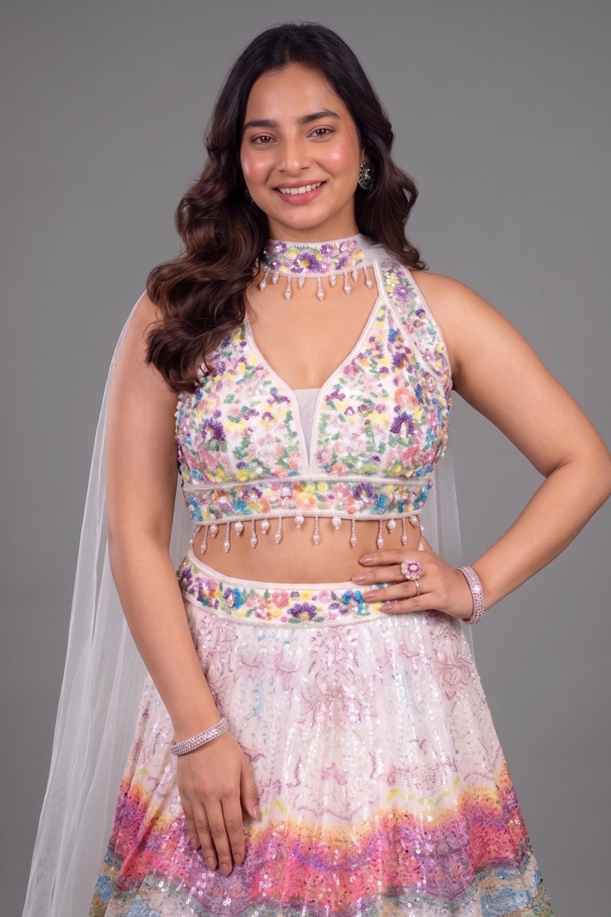 Ivory Crepe and Multi Colored Silk Floral Print Sequin Lehenga with Cutdana Net Choker Dupatta and Illusion Tie-Back