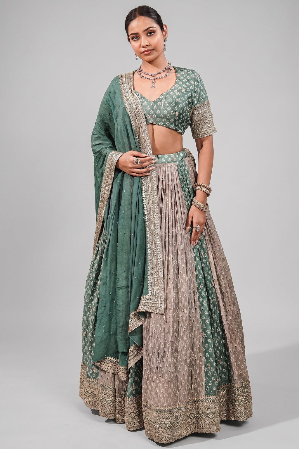 Olive Green Multi-Tonal Chinon Lehenga featuring Sequin-Highlight Pleated Skirt