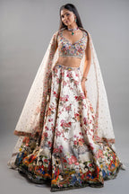 White Silk Printed Lehenga Set Featuring Miniature Painted Border