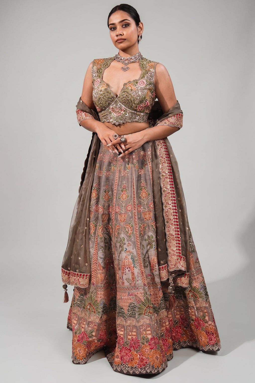 Olive Green Silk Lehenga Set featuring Cutout Halter-Neck Blouse