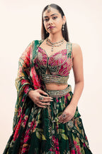 Emerald Green Printed Organza Lehenga featuring Sunburst Sequin and Diamond Bustier