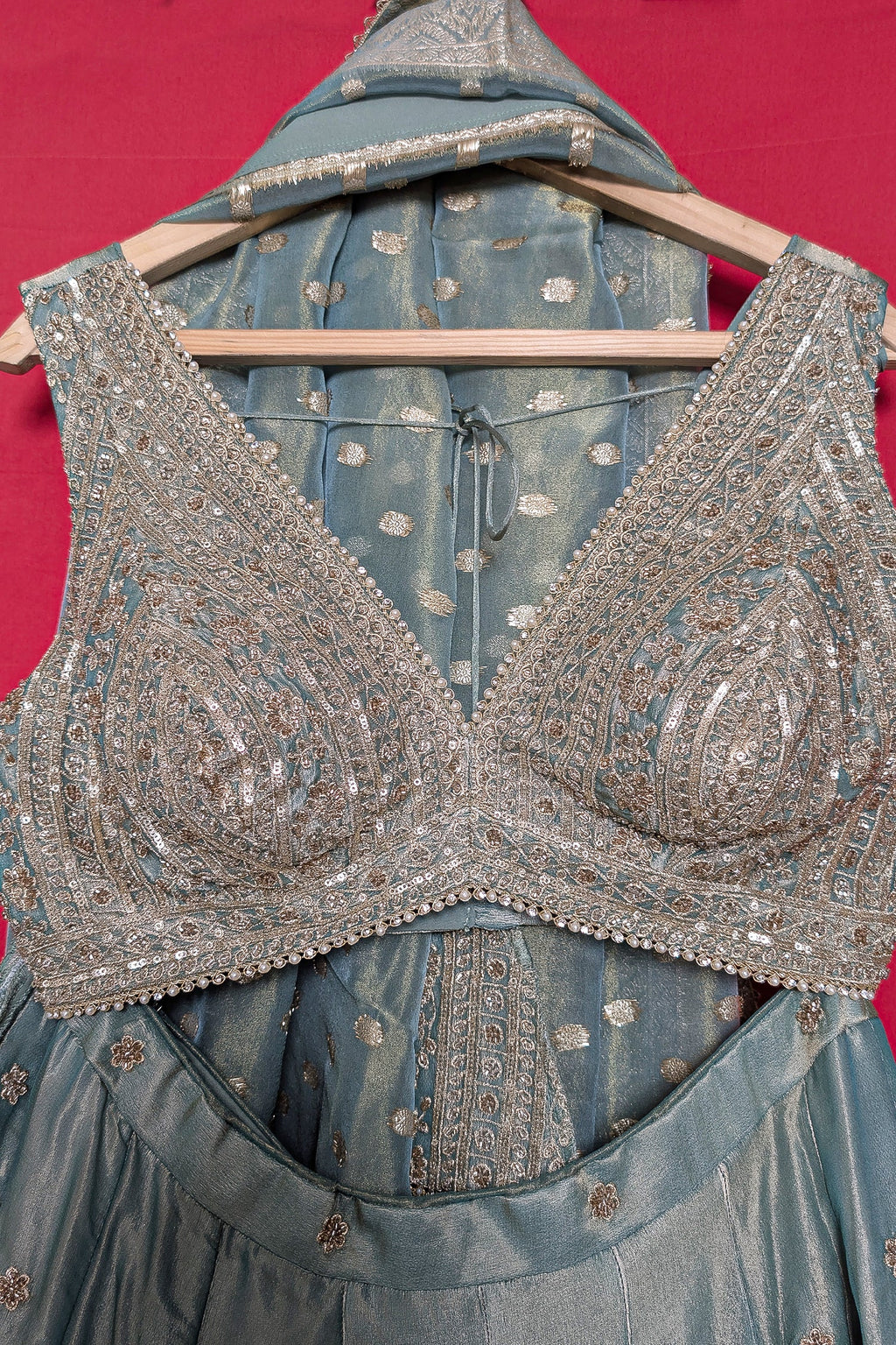 Mint Green Tissue Sequin Embroidered Lehenga