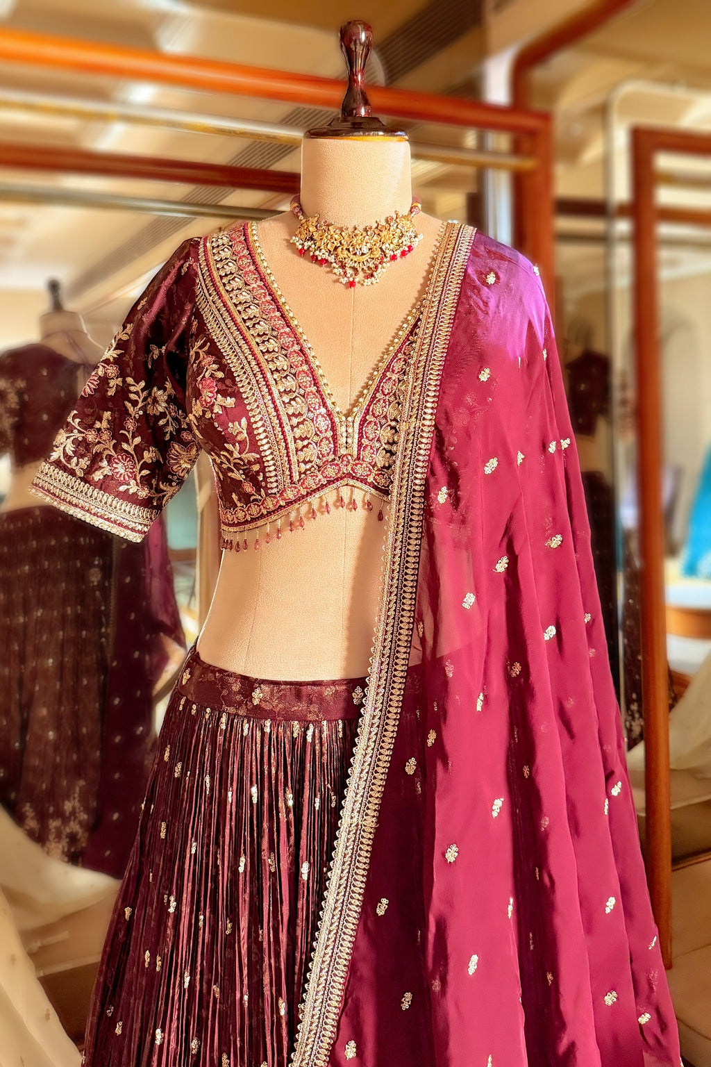 Wine Purple Tissue Woven Lehenga with Embroidery Work