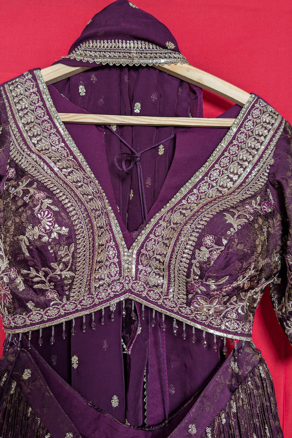 Wine Purple Tissue Woven Lehenga with Embroidery Work