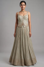 Cream Tissue Woven Pelated Lehenga with Mirror Work Blouse