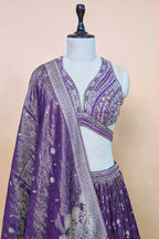 Purple Tissue Silk Woven Lehenga with Mirror Embroidered Cut Out Blouse