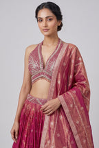 Pink Tissue Silk Woven Lehenga with Mirror Embroidered Cut Out Blouse
