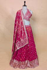 Pink Tissue Silk Woven Lehenga with Mirror Embroidered Cut Out Blouse