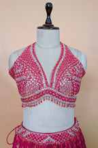 Pink Tissue Silk Woven Lehenga with Mirror Embroidered Cut Out Blouse
