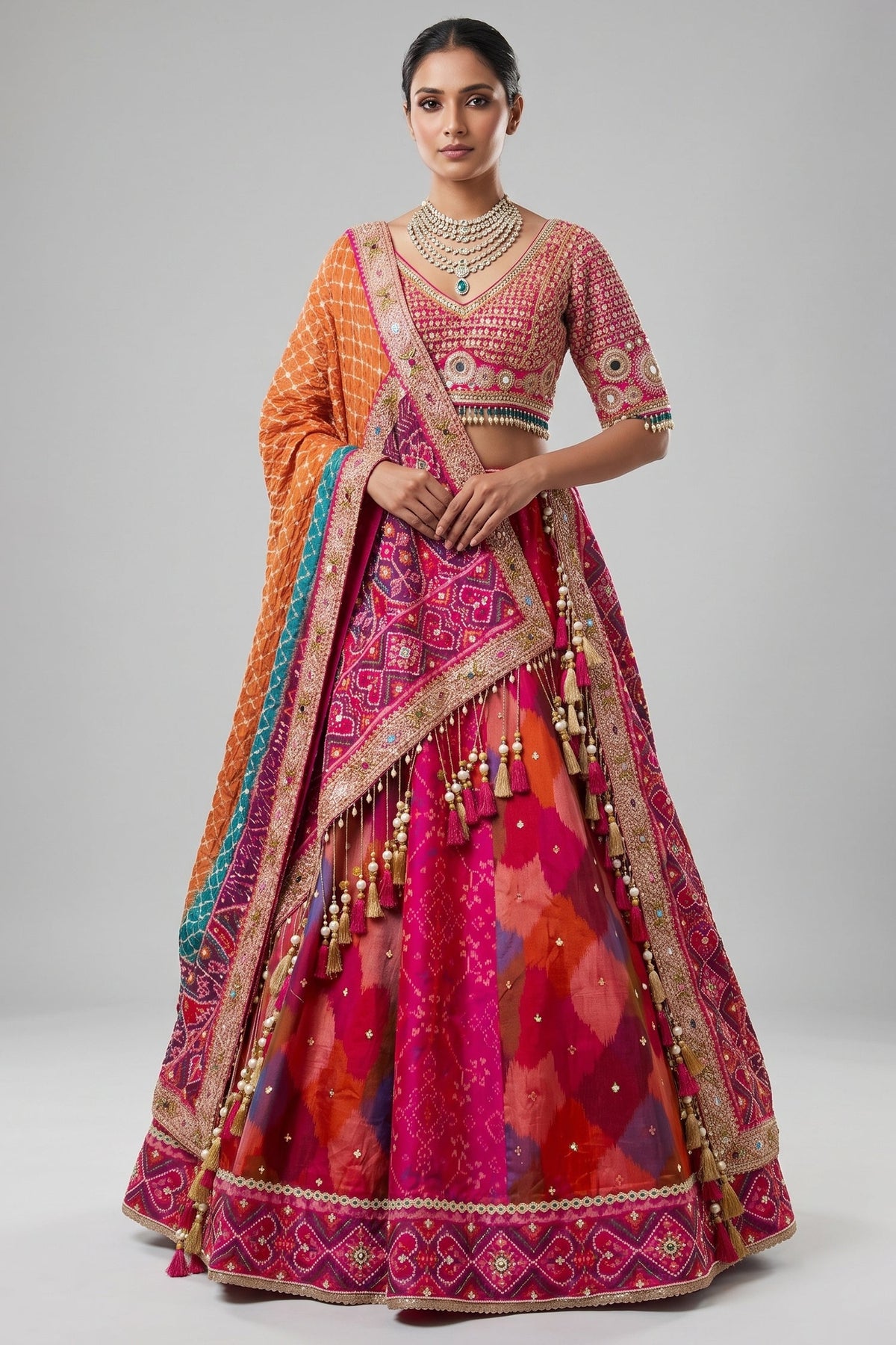 Multi Colored Silk Traditional Patola Lehenga with Handwork