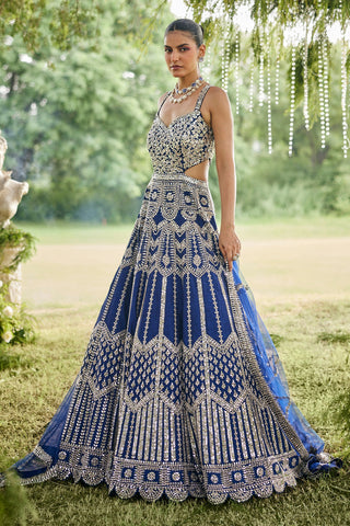 Blue Raw Silk Mirror Beaded Work Designer Side Cut Out Gown