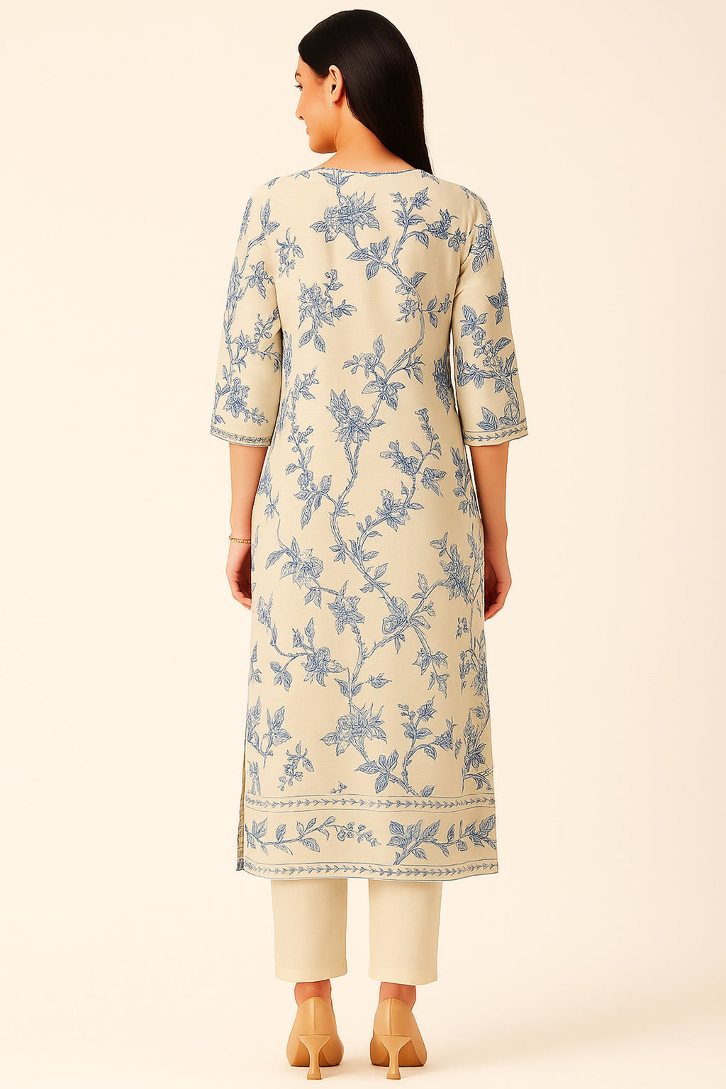 Off White and Green Modal Silk Floral Printed Straight Cut Kurti Set