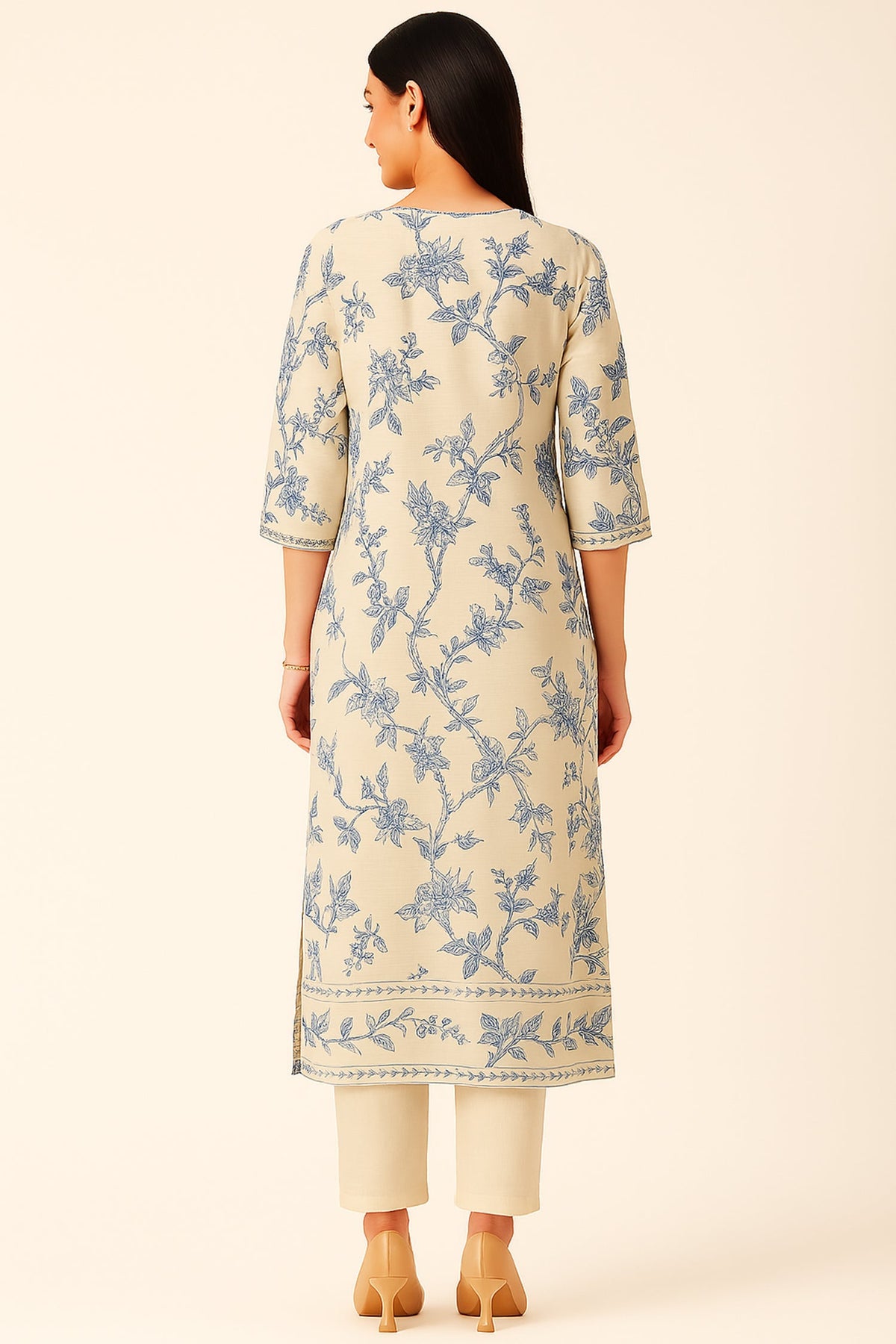 Off White and Green Modal Silk Floral Printed Straight Cut Kurti Set