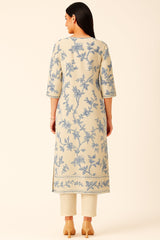 Off White and Green Modal Silk Floral Printed Straight Cut Kurti Set